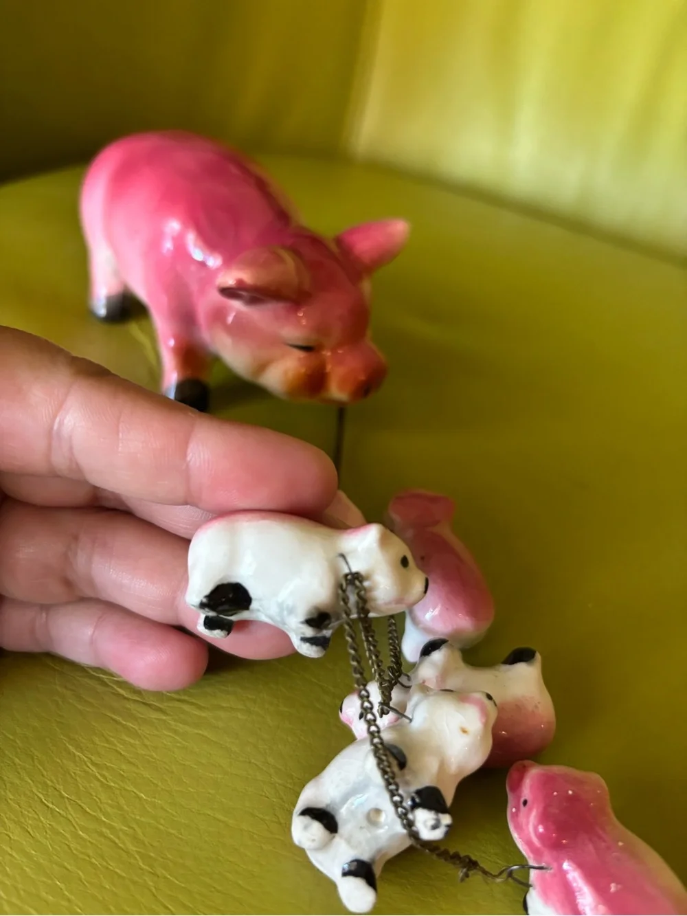 Vintage Porcelain Mama Pig & 7 Piglets on Chain Figurine Farm Animal Family